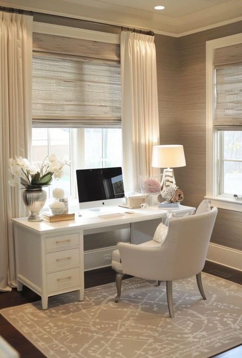 Home Office In Living Room Layout, White Bedroom Office, Womens Home Office, Trendy Home Office, Glam Office Decor, Feminine Home Office Ideas, Home Office Decor For Women, Office Layouts, Innovative Office