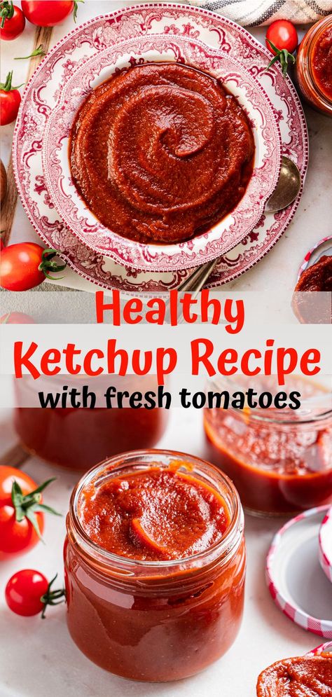 Healthy Homemade Ketchup recipe made with fresh tomatoes and perfect for canning Ketchup Recipe For Canning, Healthy Ketchup Recipe, Sugar Free Ketchup Recipe, Tomato Ketchup Recipe, Homemade Ketchup Recipes, Healthy Kid Friendly Meals, Sugar Free Ketchup, Ketchup Recipe, Healthy Sauces