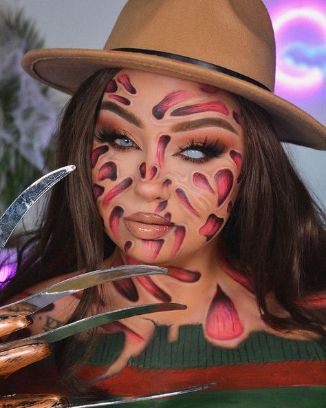 Freddy Krueger Face Paint, Freddy Krueger Face Makeup, Girl Freddy Krueger Makeup, Freddy Krueger Costume Makeup, Fredy Krueger Makeup, Freddy Kruger Make Up, Freddy Krueger Makeup Women, Freddie Kruger Makeup, Deadpool Makeup