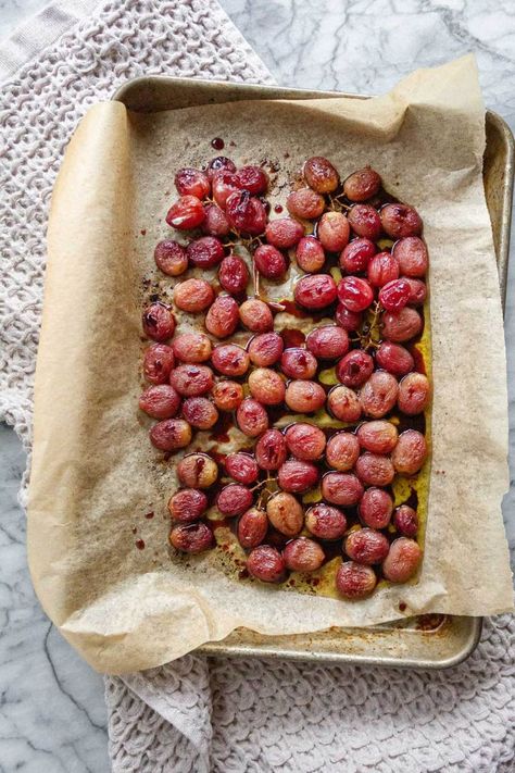 Baked Brie With Roasted Grapes - A Cultivated Living Roasted Grapes And Brie Crostini, Roasted Grapes And Brie, Baked Grapes, Roasted Grapes, Brie Baker, Poolside Snacks, Mary Berg, Impressive Appetizers, Sliced Baguette