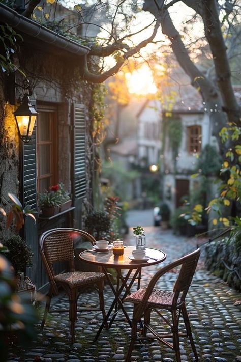 Courtyard Cafe, Evening Vibes, Outdoor Bistro, Outdoor Bistro Set, Porch And Balcony, Set Ideas, Year One, Cozy Cafe, Autumn Scenes