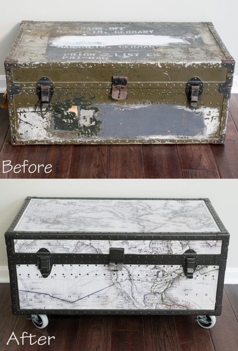 What was the last thing you upcycled? With a little Rust-Oleum Aircraft Remover, Stops Rust Clean Metal Primer Spray, and Universal Oil Rubbed Bronze, @Cravingsomecreativity transformed this vintage military trunk into an upcycled treasure. It's a sophisticated and discreet toy storage and organization solution too! Antique Trunk Makeover, Trunk Redo, Trunk Makeover, Trunk Ideas, Metal Trunks, Old Trunks, Ikea Kids, Antique Trunk, Steamer Trunk