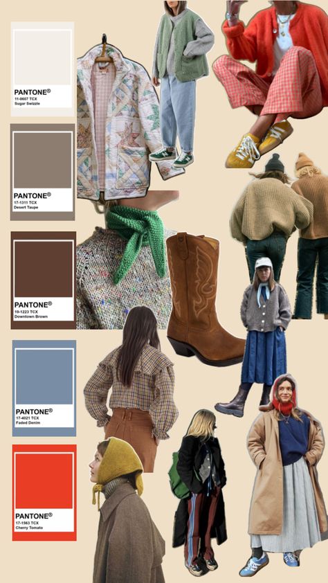 Pantone colors on the left in white, taupe, brown, blue, and red. Various girls wearing gingham pants, vests, trench coats, bulky sweaters, and track pants. Large images of neck kerchief, cowboy boots, and a quilt coat. Copenhagen Street Style Winter, Nordic Street Style, Wes Anderson Style, Copenhagen Street Style, Street Fashion Men Streetwear, Copenhagen Style, Wes Anderson, Street Style Winter, Autumn Street Style