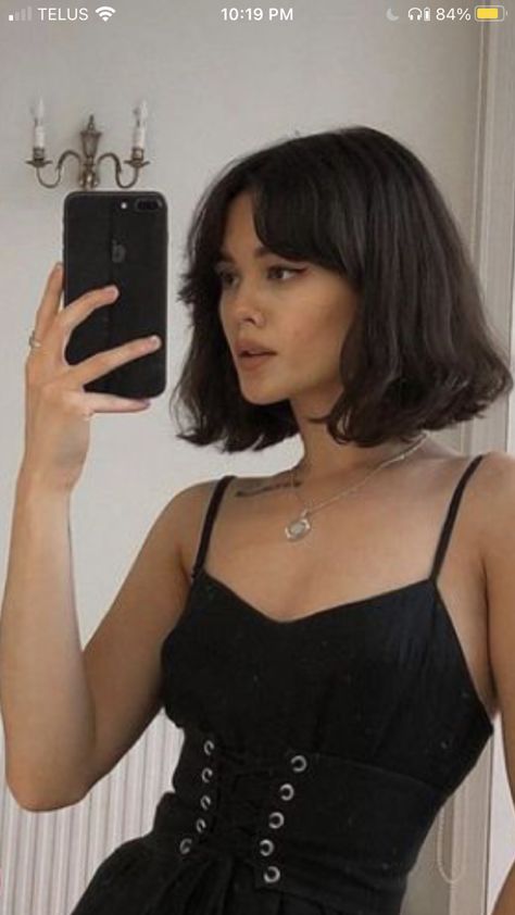 Short Hair Messy Bangs, Black Shirt Hair With Bangs, Dark Brown French Bob, Medium Bobs For Fine Hair Over 50, Short Hair With Bangs No Layers, Thick Dark Hair Haircut, Black Hair Bob With Bangs, French Bob With Side Bangs, Short Dark Brown Hair Aesthetic