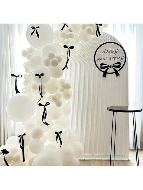 All Black Engagement Party, White And Black Engagement Party, Staircase Party Decor, White Engagement Party Decorations, All Black Party Theme Decor, Black White Birthday Party Decor, Bow Birthday Decor, Black And White Balloon Decorations, Black And White Birthday Decor