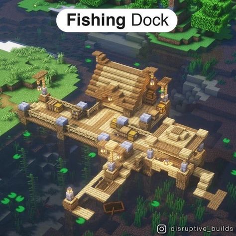 Minecraft Dock Ideas Cute, Mc Dock Ideas, Mincraft Idea Dock, Fisherman House Minecraft Ideas, Minecraft Fishing Deck Ideas, Fishing Docks Minecraft, Dock Design Minecraft, Minecraft Building Ideas Dock, Minecraft Dock Design Cottagecore