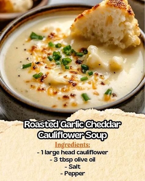 Chef Gordon Ramsay 🌮🍖🍕 | 🌿 Roasted Garlic Cheddar Cauliflower Soup | Facebook Cheddar Cauliflower Soup, Roasted Garlic Soup, Cauliflower Cheddar Soup, Cheddar Cauliflower, Tasteful Recipes, Cheddar Soup Recipe, Garlic Cheddar, Soup Ingredients, Roasted Garlic Cauliflower