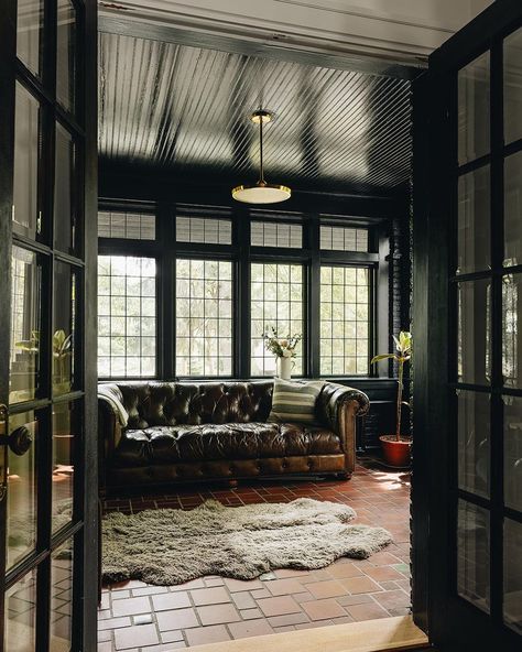 Black Sunroom, Victorian Sunroom, Brown Leather Chesterfield Sofa, Black French Doors, Jean Stoffer Design, Jean Stoffer, East Grand Rapids, Sitting Space, Moody Interiors