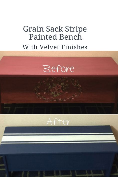 Grain Sack Stripe Painted Bench With Velvet Finishes Our Crafty Mom Upcycled Furniture Repurposed, Diy Winter Wonderland Decorations, Diy Winter Wonderland, Furniture Video, Spring Diy Projects, Painted Benches, Thrift Store Upcycle, Storage Bench Seating, Winter Wonderland Decorations