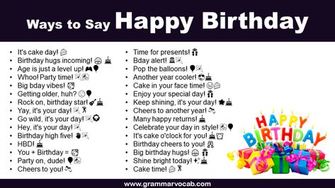 When someone’s special day rolls around, the traditional “Happy Birthday” greeting is a timeless classic. But sometimes, you may want to express your wishes in a way that’s a bit more unique. If you’re tired of the usual and want to make someone smile, chuckle, or feel loved, consider these cute, creative, and funny alternatives …<p class="read-more"> <a class="" href="https://grammarvocab.com/ways-to-say-happy-birthday/"> <span class="screen-reader-text">W... Happy Birthday Wishes In Different Ways, Different Way To Say Happy Birthday, Creative Ways To Say Happy Birthday, Birthday Wishes In Different Ways, Other Ways To Say Happy Birthday, Unique Ways To Say Happy Birthday, Unique Way To Wish Happy Birthday, Happy Birthday In Different Ways, Cute Ways To Say Happy Birthday