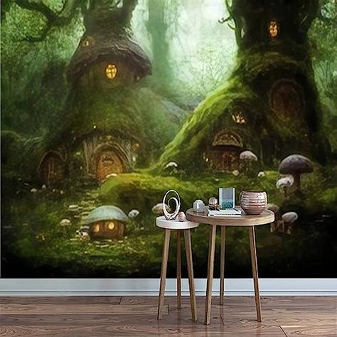 3D Modern Canvas Wallpaper Mural Wonderful Fairy Tale House a a Magical Morning Forest A Forest Fairy Peel and Stick Removable Self Adhesive Wall Stickers for Living Room Kids Bedroom Home Decor Enchanted Forest Wall Mural, Enchanted Forest Mural, Fairy Tale House, Morning Forest, Canvas Wallpaper, Fairytale Forest, Basement Playroom, Forest Mural, Forest Wall Mural