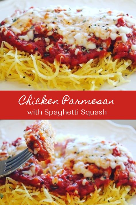 This low carb Chicken Parmesan comes out perfect every time! Roasting at a high temperature keeps the chicken juicy, moist, and flavorful! The chicken is served on top of spaghetti squash with marinara sauce and a sprinkle of mozzarella cheese. This is a meal the whole family will love! Spaghetti Squash Optavia Recipes, Optavia Spaghetti Squash Bolognese, Lean And Green Meals Optavia 5&1 Spagetti Squash, Optavia Lean And Green Spaghetti Squash, Spaghetti Squash With Spaghetti Sauce, Optivia Spaghetti Squash Recipes, Chicken Parmesan With Spaghetti Squash, Lean And Green Meals Optavia Spaghetti Squash, Raos Marinara Optavia