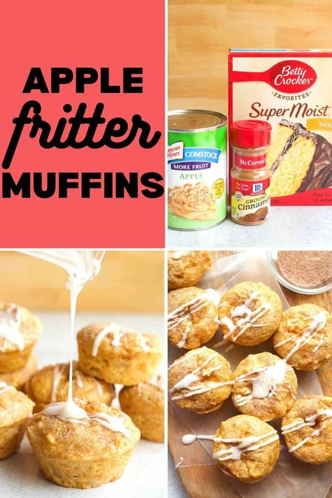 With just canned apple pie filling, cake mix, and cinnamon, these Apple Fritter Muffins are super easy to bake up! Top with glaze and a pat of butter for a decadent fall treat. Apple Pie Filling Cake, Apple Fritter Muffins, Pie Filling Cake, Canned Apple Pie, Filling Cake, Apple Pie Muffins, Cake Mix Muffins, Season Recipes, Apple Pie Filling Recipes