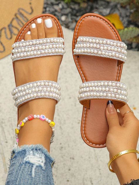 Women's Sparkling Sequin Decorative Slippers, Casual And Comfortable Flat Summer Shoes, Lightweight Beach Shoes, Women's Cool Slippers Brown Beads Bohemian    Colorblock,Plain    Women Shoes, size features are:Bust: ,Length: ,Sleeve Length: