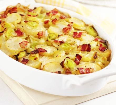 Leek, potato & bacon bake.     Shop organic ingredients for your recipes at www.farm2kitchen.com. Leek And Potato Bake, Potato Bake Recipe, Leek Potato, Leek And Potato, Potato Bacon, Quick Food, Bacon Potato, Potato Bake, Bbc Good Food