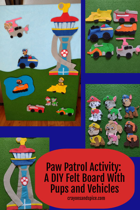 Picture of a Paw Patrol themed felt board with the lookout, Skye, Chase, Zuma, Rocky, Rubble, Marshall, and all their vehicles as felt pieces. Paw Patrol Crafts For Toddlers, Paw Patrol Activities For Toddlers, Paw Patrol Games For Toddlers, Paw Patrol Learning Activities, Paw Patrol Crafts, Paw Patrol Activities, Paw Patrol Quiet Book, Paw Patrol Memory Game, Paw Patrol Games