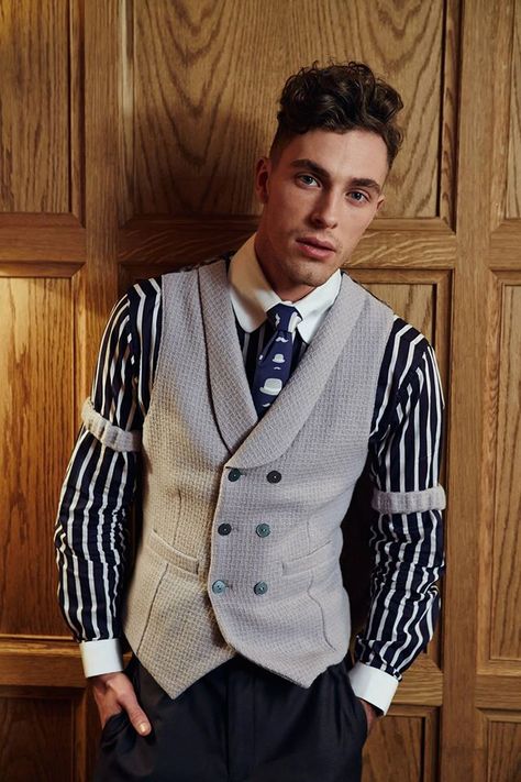 Velsvoir Shawl DB Waistcoat, Round Tab Shirt, Arm Garters & Gregory Emvy Print Arm Garter, Shirt And Waistcoat, Bar Tender, Buzzy Bee, Men Art, Waistcoat Men, Style Guide, Modern Fashion, Vest Dress