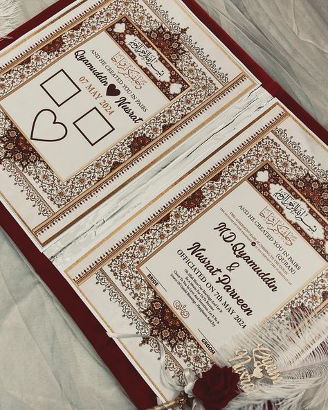 Nikah Namah❤️ Every ‘Qubool hai’ marks the beginning of beautiful forever💫 A Beautiful Nikah Namah with pen on frame can be customised according to your preferences colour/theme Dm us for more details 💌 Don’t forget to to like , share , comment 🙈 For more such creative ideas and gifts do follow and stay tunes with @art_attack000 #nikahnama #nikahnamahbooklet #nikahnamabooklet #nikahframe #weddinginspiration #weddingideas #weddingdecor #weddingessentials #nikahthings #nikah #ａｅｓｔ��ｈｅｔｉｃ Nikah Card Design, Nikah Nama Booklet Ideas, Nikha Nama Booklet, Nikha Nama Frame, Countdown Video Ideas, Nikkah Nama Design, Nikah Aesthetic, Nikah Card, Nikkah Board