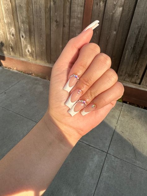 White French Tip With Gems, Boujee Acrylic Nails, Gem Acrylic Nails, Long Nails Classy, French Tip With Gems, French Tips With Gems, Nails Tapered Square, Nails Tapered, Nail Inspo Long