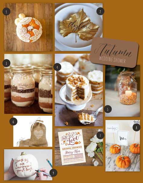 Colorful leaves and rustic decor? We love this tasteful, modern inspiration for a fall wedding! | Autumn Bridal Shower Inspiration | My Wedding Favors Blog Fall Bridal Shower Ideas Favors, Falling For You Bridal Shower Theme, Fall In Love Bridal Shower Favors, Bridal Shower Falling In Love Theme, Bridal Shower Fall In Love, Wedding Shower Food, Fall In Love Bridal Shower, Autumn Bridal, Bridal Shower Guest Book