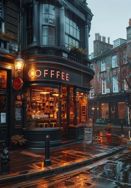 Coffee Shop Rainy Day, Abandoned Coffee Shop, Coffee Shop In London, Rainy Day Coffee Shop, Rainy Coffee Shop, London Cafe Aesthetic, Rainy London Aesthetic, English Coffee Shop, Halloween London