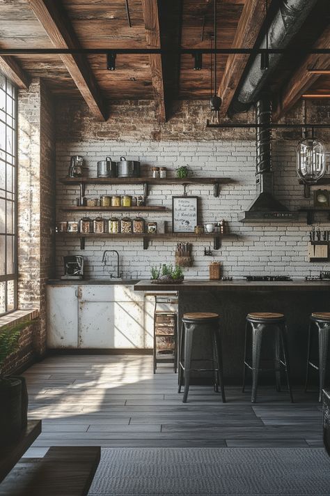 ♥ Are you looking for inspiration to create a cozy industrial kitchen design in a small space? 🏙️ Check out this rustic urban kitchen with stainless steel open shelves and concrete countertops. Perfect for those who love modern industrial decor! #IndustrialKitchen #RusticDesign #UrbanDecor #SmallSpaces 🍽️✨ Nyc Loft Kitchen, Industrial Open Kitchen, Grey Brick Kitchen, Small Industrial Kitchen, Modern Industrial Kitchen Design, Kitchens With Concrete Countertops, Loft Kitchen Design, Loft Kitchens, Evergreen Kitchen