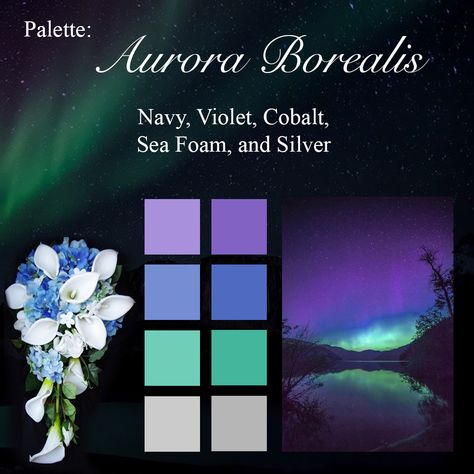 Aurora Borealis color palette Northern Lights Decorations Ideas Aurora Borealis, Aurora Borealis Palette, Aurora Borealis Colour Palette, Aurora Colour Palette, Aurora Borealis Dance Theme, Aurora Borealis Party Decorations, Aurora Borealis Party Theme, Northern Lights Wedding Cake, Prom Color Palette