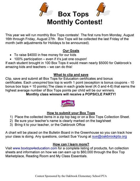 Box Tops Contest, Pta Moms, Contest Ideas, Pta Fundraising, Free Sweepstakes, Pta Ideas, Popsicle Party, Pto Ideas, School Fundraising