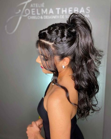 Prom Hair With Ponytail, High Hairstyles For Prom, Prom Hair Inspo For Long Hair, High Pony For Prom, Prom Hair Ponytail Curly, Best Hairstyles For Prom, Prom Updos For Medium Hair Ponytail, Hight Pony Hairstyles Braid, High Pony Prom Hairstyles