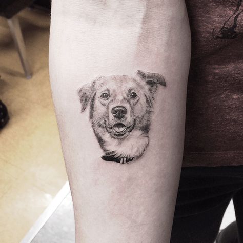 L.A.'s 15 Coolest Tattoos — & The Man Behind Them All #refinery29  http://www.refinery29.com/favorite-los-angeles-tattoo-artists-work#slide-15  "I do a great amount of dog portraits, but this one stands out — so much expression in her face," Woo tells us. "The owner said this is the face she makes when you say 'tacos.'" Dog Portrait Tattoo, Small Dog Tattoos, Los Angeles Tattoo, Dog Memorial Tattoos, La Tattoo, Inspiration Tattoos, Memorial Tattoos, 1 Tattoo, Face Tattoo