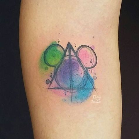 For the Disney and Harry Potter lovers out there 💚💜💙💛 done by the incredible… Matching Disney Tattoos, Disney And Harry Potter, Disney Inspired Tattoos, Mickey Tattoo, Dragons Tattoo, Disney Sleeve, Matching Best Friend Tattoos, Tattoo Watercolor, Mouse Tattoos