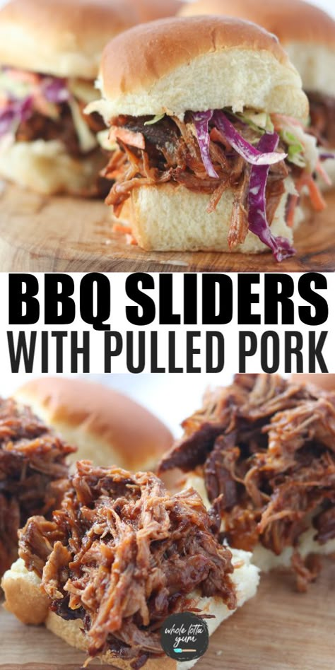 BBQ pulled pork sliders on Hawaiian rolls make for an easy summer dinner or appetizer at a BBQ or party. These are a great use for leftover crock-pot pulled pork for a healthy and easy meal. Pork Sliders Crockpot, Bbq Pulled Pork Sliders, Pork Sliders Recipes, Sliders On Hawaiian Rolls, Crockpot Pulled Pork Bbq, Cabbage Coleslaw, Sliders Recipes Hawaiian Rolls, Roll Sliders, Hawaiian Roll Sliders