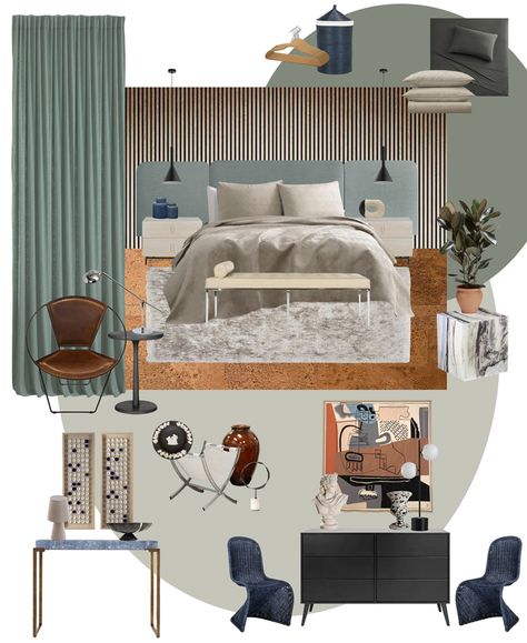 Master's Bedroom Interior Design, Residence Mood Board, Mood Board Of Bedroom, Master Mood Board, Mood Board For Bedroom Interior, Room Mood Board Bedrooms, Mood Boards For Bedrooms, Bedroom Interior Mood Board, Mid Century Modern Bedroom Mood Board