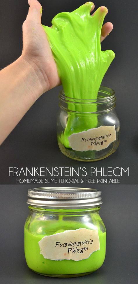 Ew! Frankenstein's phlegm! Super cute with the mad scientist-like label! Free printable and no fail slime tutorial. Halloween Classroom Party Ideas, Classroom Party Ideas, Frankenstein Party, Mad Scientist Halloween, Slime Tutorial, Mad Scientist Birthday, Mad Science Party, Homemade Slime Recipe, Mad Scientist Party