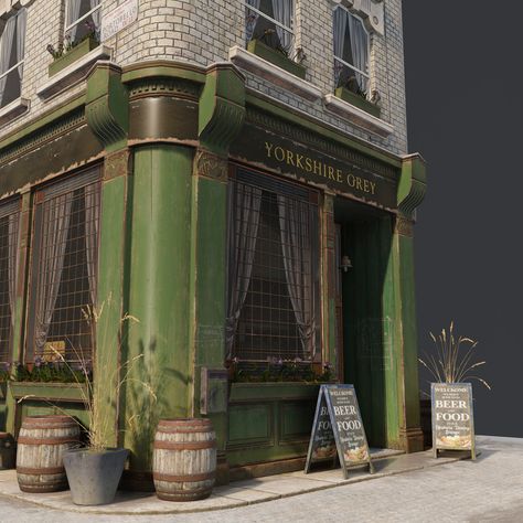 British Pub, Nikita Alexandrov on ArtStation at https://www.artstation.com/artwork/rAEVye Modular Environment, Cartoon Building, 3d Building, British Pub, Digital Sculpture, 3d Assets, Modular System, City Art, Environmental Art