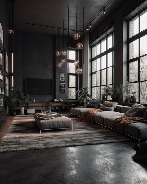 Home Decor Ideas Bedroom, Dark Living Rooms, Dark Modern, Decor Ideas Bedroom, Industrial Style Decor, Industrial Living, Industrial Livingroom, Industrial Interior Design, Dark Home