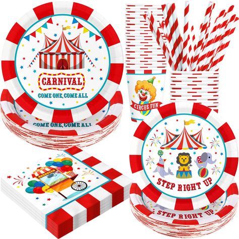 PRICES MAY VARY. 120-PIECE PARTY SET FOR 24: This set includes everything needed for a Carnival-themed birthday bash - 24 dinner plates (9''), 24 dessert plates (7''), 24 napkins (6.5''), 24 paper cups (9oz) and 24 matching paper straws, perfect for serving up to 24 guests JOYFUL CARNIVAL DESIGN: Step right up to a whimsical celebration with our Carnival-themed party set! This vibrant collection is a ticket to fun, featuring classic red and white stripes reminiscent of a big top tent. Each piece Carnival Birthday Party Decorations, Carnival Design, Carnival Birthday Party, Carnival Decorations, Monster Truck Party, Carnival Themed Party, Twins 1st Birthdays, Birthday Paper, Carnival Birthday Parties