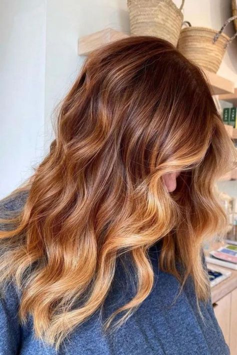 Cowboy Copper Balayage Red Blonde Brown Hair, Hair Inspo Pics, Golden Copper Hair Color, Copper Blonde Balayage, Cowboy Copper Hair, Balayage Hair Copper, Color Block Hair, Red Balayage Hair, Copper Blonde Hair