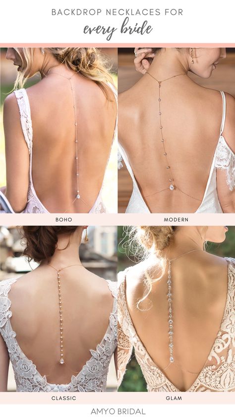 Different Back Drop Necklace Styles for every type of bride. Available in Sterling Silver, Gold Vermeil or Rose Gold Vermeil. Handmade with the best quality from NYC! Free Domestic Shipping. Silver Back Necklace, Back Necklace Wedding Dress, Wedding Back Jewellery, Wedding Back Necklace, Back Drop Necklaces, Bridal Back Jewelry, Wedding Dress Back Jewelry, Back Of Dress Ideas, Back Jewelry Wedding