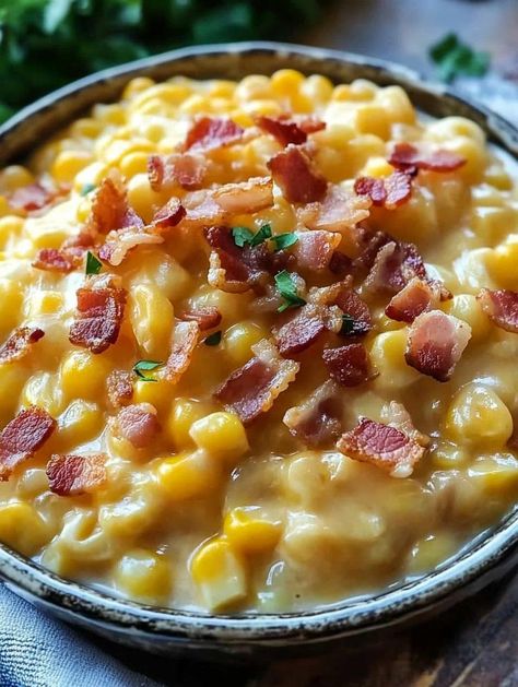 Slow Cooker Cheddar Corn with Bacon Corn With Bacon, Scalloped Corn Casserole, Cheddar Corn, Slow Cooker Creamed Corn, Slow Cooker Salisbury Steak, Creamed Corn Recipes, Cheesy Corn, Corn Dishes, Bacon Recipe