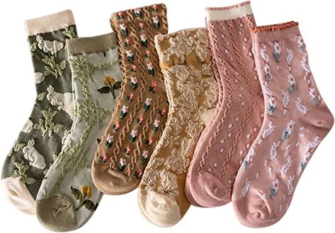 Floral Socks Set of 6 Pairs Pack Women 6Pieces Cute Flower Geometric 3D Textured 6Pcs Ankle Cotton Cottagecore Lucky Socks (F) at Amazon Women’s Clothing store Stockings With Boots, Flower Geometric, Floral Socks, Ruffled Socks, Geometric 3d, Autumn Design, Vintage Floral Design, Animal Patterns, Fits Women