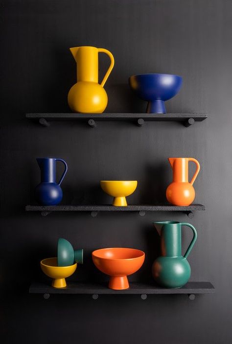 Brighten up any dark interior with colourful home accessories by Raawii., Orange Shelves, Colourful Home, Color Fields, Dark Interiors, Life Design, Still Life Photography, Bohemian Decor, Ceramic Pottery, House Colors