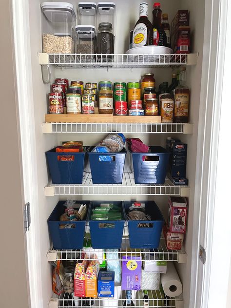 ✨ Creating systems in your home 🏠 does not have to cost you a fortune. 🤑 DollarTree has expanded their organizing + home section to cater to a low budget.  The blue bins in this pantry work perfectly for snacks, instant meals and pasta. Instant Recipes, Low Budget, Pantry Organization, Pantry, Home Organization, Budgeting, Snacks