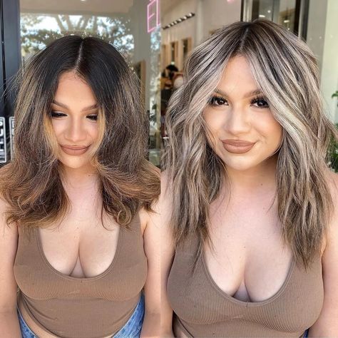 Blonde Hair On Mexican Women, Hair Color For Graying Hair, Heavy Highlights On Dark Hair, Ash Blonde Hair Color Ideas, Ash Blonde Hair Color, Ash Blonde Hair Balayage, Hair Dues, Blonde Highlights On Dark Hair, Ash Blonde Hair Colour