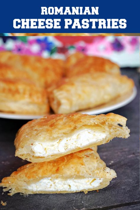 Romanian Cheese Pastries made with farmer's cheese or cow's cheese and puff pastry, a fantastic savoury snack or appetizer for absolutely any occasion. They are a big hit with kids and grown-ups alike, and are quick and easy to make, and so delicious too. Puff Pastry Recipes Savory, Cream Cheese Puff Pastry, Savory Puff Pastry, Puff Pastry Filling, Cheese Pastry, Savory Cheese, Cheese Puff Pastry, Farmers Cheese, Finger Foods Easy