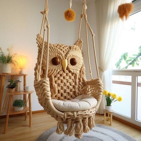 Owl Room, Owl Tutorial, Macrame Hanging Chair, Owl Home Decor, Whimsical Furniture, Macrame Owl, Macrame Wall Hanging Patterns, Owl Crafts, Owl Decor