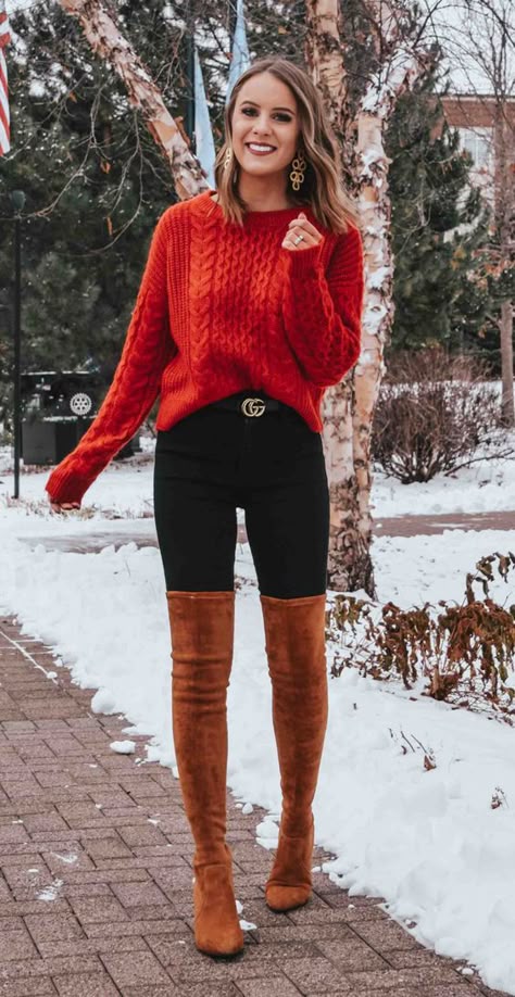 Affordable Holiday Party Outfits Winter Outfits Red Sweater, Christmas Best Outfit, Red Cable Knit Sweater Outfit, Tall Boots Outfit Winter, Outfits With Red Pants, Red Sweater Outfit Winter, Christmas Clothes Ideas, Red Winter Outfits, Fashion Outfits Red