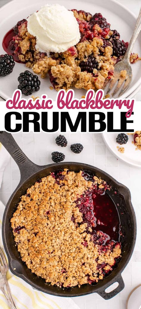 Classic Blackberry Crumble is a wonderfully warm, sweet dessert full of fresh blackberries and a great buttery oat crumble topping! #RealHousemoms #blackberrycrumble #blackberry #crumble #crisp #dessert #berries #summer #memorialday #4thojuly #fourthofjuly #camping Easy Blackberry Crumble, Blackberry Crumble Recipe, Blackberry Recipe, Blackberry Bread, Crumble Recipes, Persnickety Plates, Blackberry Dessert, Blackberry Cobbler Recipe, Cobbler Recipes Easy