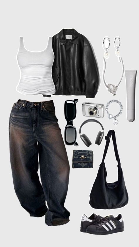 Black leather with white top and silver jewelry outfit Aesthetic Leather Jacket Outfit, Aesthetic Leather Jacket, Street Style Outfits Casual, Leather Jacket Outfit, Outfit Inspo Casual, Trendy Outfits For Teens, Everyday Fashion Outfits, Leather Jacket Outfits, Jacket Outfit