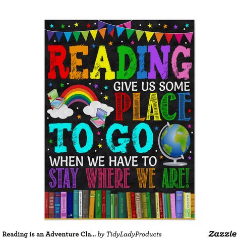 Reading is an Adventure Classroom Poster Reading Corner Posters Free Printable, Reading Is An Adventure, School Library Posters, Poster Ideas For School, Adventure Classroom, Library Rules, Journal Banner, Punctuation Posters, Library Corner